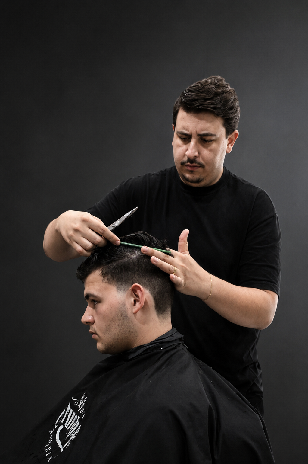 Estevão Deróbio realizando corte de visagismo masculino